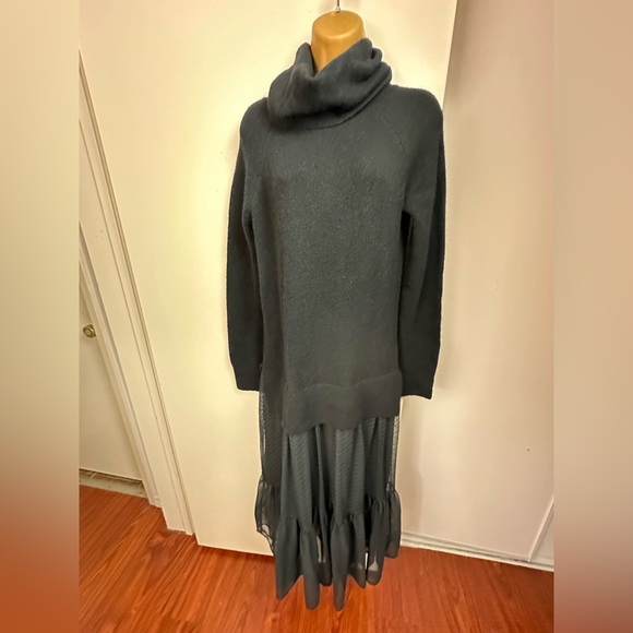 All Saints Black Tula Wool Blend Turtleneck Chunky Knit W/Mesh Skirt Dress XS - Picture 8 of 16
